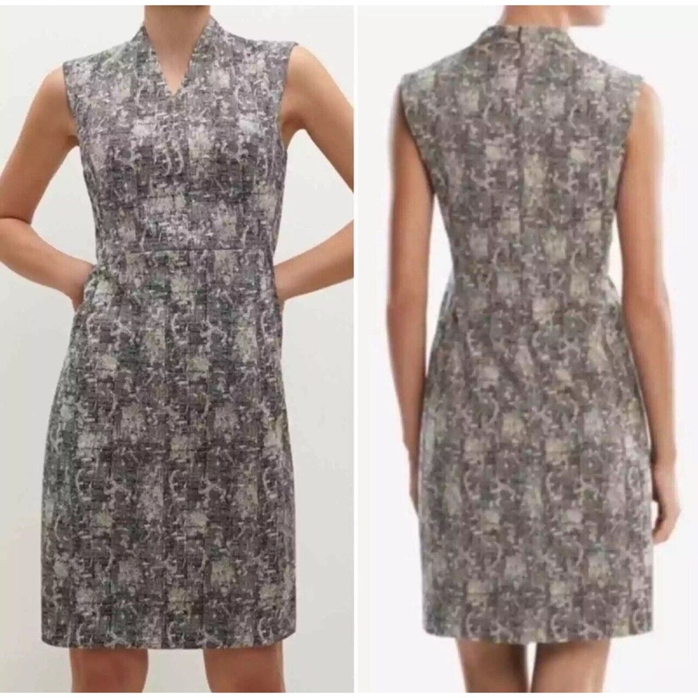 MM Lafleur Sleeveless V‑Neck Midi Dress in Gray and Olive Print